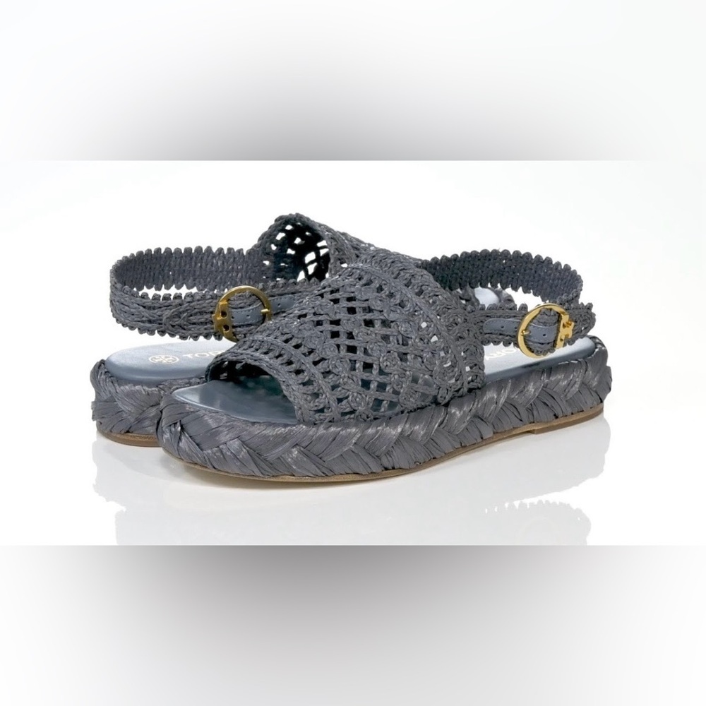 Tory Burch Raffia Canvas Crochet Trim Platform Slingback Espadrilles Sandals